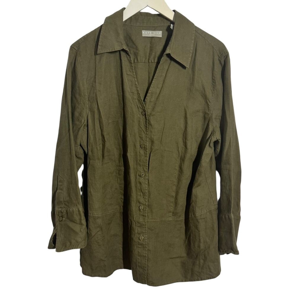 Kate Hill Top Women 16W Olive Green 100% Linen Lagenlook Minimal Modest Coastal